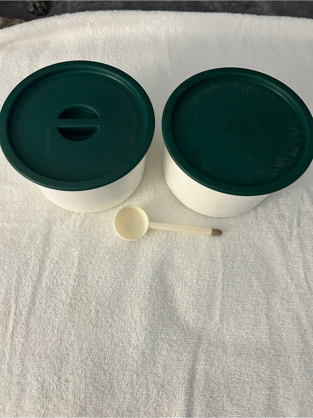 Vintage Tupperware White Pantry Canisters with Green Lids and Scoop